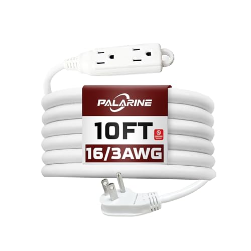 Indoor Extension Cord 3 Outlets Flat Plug Power Strip, UL Listed, 16 Gauge 10 ft White 3 Prong Heavy Duty, 16/3 SJTW 13A Outlet Extender - color: White, size: 10 FT