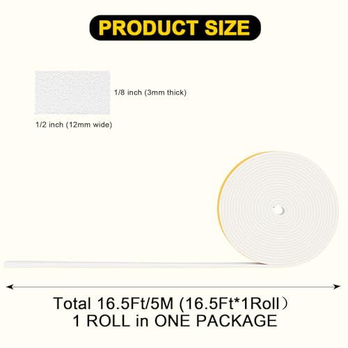 CR Foam Weather Stripping, 1/2 in x 1/8 in x 16.5Ft White Weather Stripping, Tool-Free for Tiny Gap Sealing - color: White, size: 1/2 In x 1/8 In x 16.5Ft