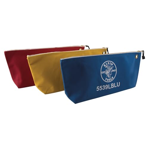 Klein Tools 5539LCPAK Zipper Bags, Large 16-Inch Canvas Tool Pouches for Tool Storage with Brass Zipper, and Grommet for Hanging, 3-Pack - color: Red, Yellow, Blue, size: Large