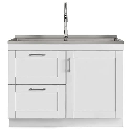 SIMPLIHOME Modern Wide Shaker All-in-One 46 inch Wide Utility Sink and Laundry Cabinet in Pure White Finish, Transitional Stainless Steel Sink Cabinet for Laundry Rooms with High-Arch Chrome Faucet - color: White, size: 46 inch