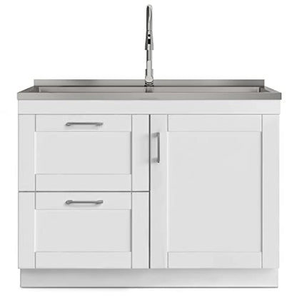 SIMPLIHOME Modern Wide Shaker All-in-One 46 inch Wide Utility Sink and Laundry Cabinet in Pure White Finish, Transitional Stainless Steel Sink Cabinet for Laundry Rooms with High-Arch Chrome Faucet - color: White, size: 46 inch