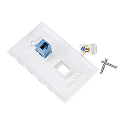 Ethernet Coax Wall Plate 2Pack,1 Cat6 Ethernet Port and 1 Gold-Plated Cable TV Coax F Type Port Wall Plate (White)
