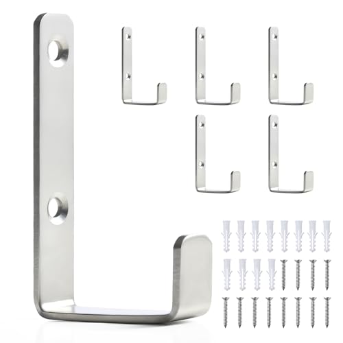 Stainless Steel Hooks for Hanging, Heavy Duty Hooks, Coat Hook, Wall Hooks Wall Mounted Hook Towel Hook Garage Holder Screw Hanger, 6 Pack (Silver) - color: Silver