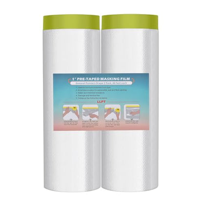 LLPT Tape and Drape 78.7”(Unfolded) x 66 Ft Each 2 Pack Pre-Taped Masking Film 0.31 Mil Painters Plastic Drop Cloth for Auto Wall Furniture Painting Protection (MFTG2020) - size: 78.7 Inch x 66 Ft