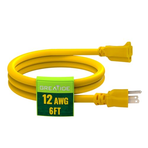 6 Ft Outdoor Extension Cord - 12/3 SJTW Heavy Duty Yellow Extension Cable with 3 Prong Grounded Plug - Power Cord for Lawn, Garden, Appliances - color: Yellow, size: 6 FT
