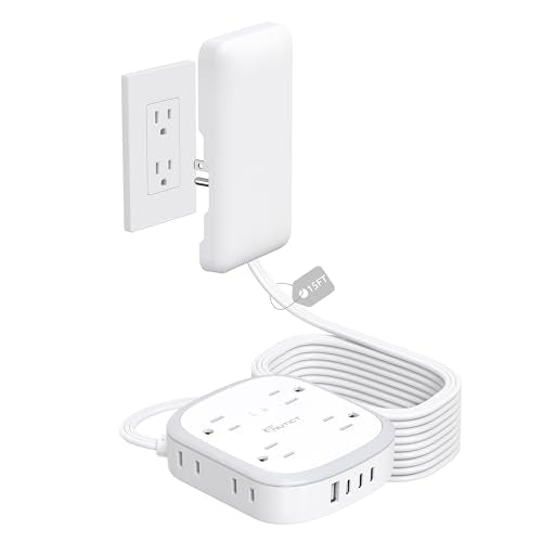 NUTICT Outlet Cover Extension Cord, Flat Plug Power Strip 15ft, 8 Outlets (4-2Pin)& 4 USB Ports (3 USB C), 13A/1625W, 1440J Surge Protector, Wall Mountable, Ideal for Home Improvement, Tight Spaces - size: 15ft (4-2 Prong Outlets)