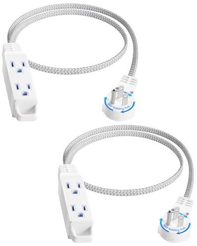 SURAIELEC Flat Extension Cord 3FT, 360° Rotating Flat Plug Extension Cord with 3 Outlets, Braided White Cord for Indoor Use, Small Space, Compact Areas, 16/3C SPT, ETL Listed, 2 Pack - color: White, size: 3FT