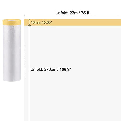 uxcell Pre-Taped Masking Film, 106.3 in x 75 Ft, Plastic Drop Cloth with Low-Tack Painters Tape for Painting Protection - size: 106.3 in X 75 Ft