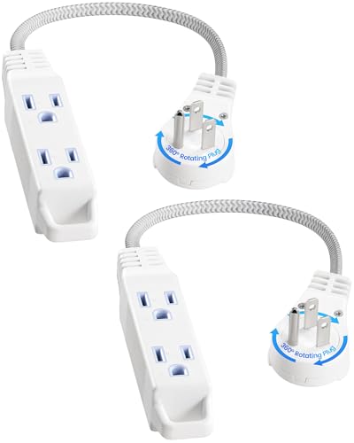 SURAIELEC 1FT Extension Cord, 360° Rotating Flat Plug Extension Cord Flat Wall Plug with 3 Outlets, White Braided Flat Cord for Indoor Use, Compact Areas, 16/3C SPT, ETL Listed, 2 Pack - color: White, size: 1FT