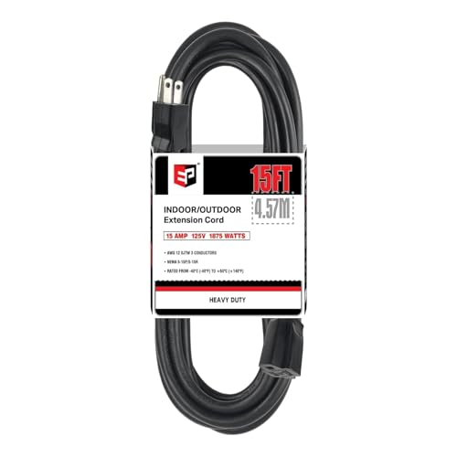 EP 15 Ft Outdoor Extension Cord - 12/3 SJTW Heavy Duty Black Extension Cable with 3 Prong Grounded Plug - Power Cord for Lawn, Garden, Appliances - color: Black, size: 15ft