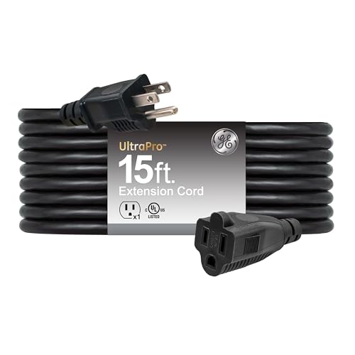 GE Outdoor Extension Cord, 15 Ft, Grounded Heavy Duty Long Extension Cord, 16AWG 3 Prong Outdoor, ETL Listed, Black, 50369 - style: 15 Ft Black Cord