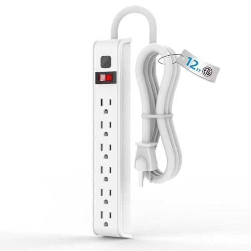TiFFCOFiO Surge Protector Power Strip, 12 Feet Extension Cord, 600 Joules Surge Protection, Multiple Protection 6 Outlet Strip, 14 AWG Cord, 15A/1875W, ETL Listed - size: 12 ft (1 Pack), style: 1 PACK