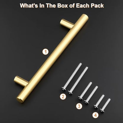Probrico 5 Pack Hole Centers (128mm) 5inch Gold Kitchen Cabinet Handles Stainless Steel Polished Gold Cabinet Pulls Round T Bar Pull Handle for Cabinets and Drawers Total Length 7.5inch(192mm) - color: Gold, size: Hole Centers: 5"