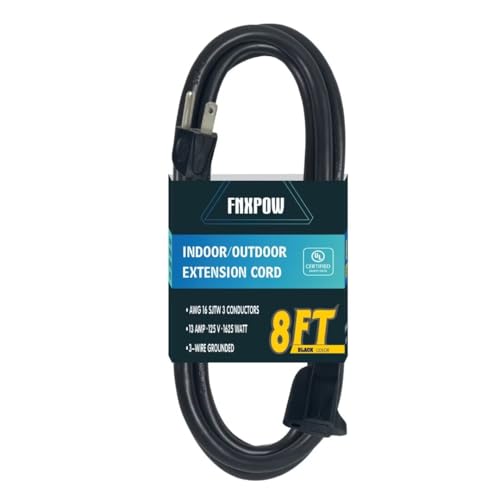 Indoor Outdoor Extension Cord 8 FT Waterproof, 16/3 Gauge Heavy Duty Black Extension Cords, 13A 1625W SJTW Extension Cord with 3 Prong Grounded Plug, Great for Tools, Lights, UL Listed. - color: Black, size: 8 ft
