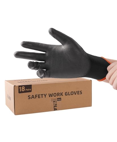 LANON Safety Work Gloves for Men and Women, 18 Pairs Mechanic Black Working Gloves with Grip Odorless PU Coated, Seamless Knit, Full Fingertip Touchscreen for Light Duty Working Gloves, X-Large - color: Black, size: XL (Pack of 18)