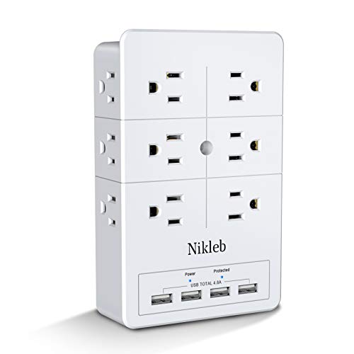 Multi Plug Outlet Surge Protector Nikleb, 12 Electrical Outlets Extender with 4 USB Charging Ports Total 4.8A, Wall Plug Expander 3 Prong for Room, Office, Gaming, Cord Organizer Accessories - color: white outlet extender