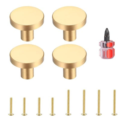 Gold Cabinet Knobs, 4 Pcs Brushed Brass Round Kitchen Cabinet Hardware Pulls Knobs Gold for Dresser Drawer Cupboard Furniture Closet Wardrobe Door Knobs Handles, with Screwdriver, 20x30 mm - size: 30mm/1.18inch (4 Pcs Brass)