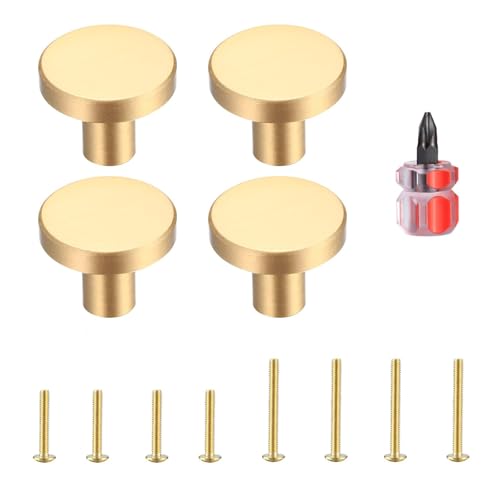 Gold Cabinet Knobs, 4 Pcs Brushed Brass Round Kitchen Cabinet Hardware Pulls Knobs Gold for Dresser Drawer Cupboard Furniture Closet Wardrobe Door Knobs Handles, with Screwdriver, 20x30 mm - size: 30mm/1.18inch (4 Pcs Brass)