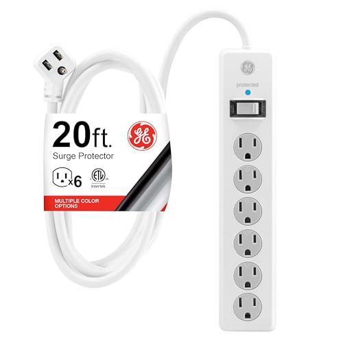 GE Surge Protector Power Strip, 20 Ft Extension Cord, 6 Outlet Extender, 800 Joules, Flat Plug, Twist-to-Close Safety Covers, ETL Listed, White, 50770 - color: White, size: 20 Ft, style: 1 Pack