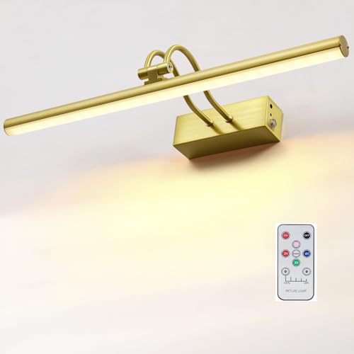 RAIFOOLLY Picture Light,Picture Lights for Wall Cordless,20inch Art Light with Timer and Dimmable,5000mAh Battery Wall Lights for Display Gallery Painting Art Frame Portrait-Plated Gold - color: Plated Gold, size: 20"