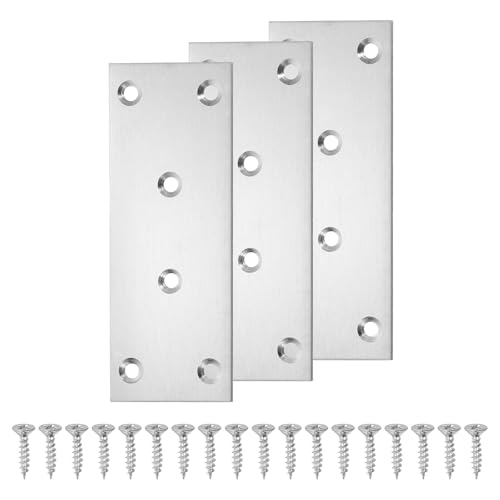 uxcell 3 Set Flat Repair Plates, 1.9 x 5 Inch Stainless Steel Flat Straight Brace Bracket Mending Joining Plates with Screws for Fixing Wooden Furniture Corner, Silver
