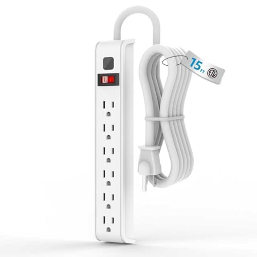 TiFFCOFiO Surge Protector Power Strip, 15 Feet Extension Cord, 600 Joules Surge Protection, Multiple Protection 6 Outlet Strip, 14 AWG Cord, 15A/1875W, ETL Listed - size: 15 FT, style: 1 PACK