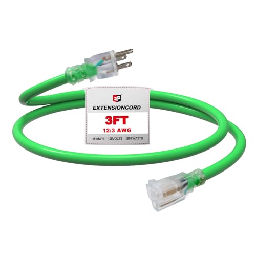 EP 3 Ft Outdoor Extension Cord, 12/3 SJTW Heavy Duty Waterproof Power Cable, 3 Prong Grounded Plug, Lighted End, for Lawn, Garden, Appliances, Green - color: Green, size: 3ft