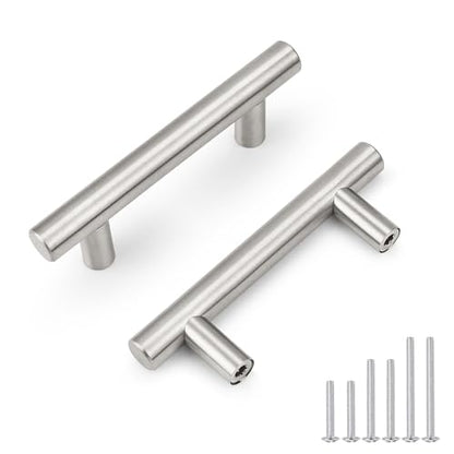 Probrico 5 Pack Hole Centers (64mm) 2.5inch Brushed Nickel Cabinet Handles Modern Stainless Steel Drawer Pulls Euro T Bar Dresser Pull Handle Length 100mm(4inch) - color: Brushed Nickel, size: Hole Centers: 2-1/2"