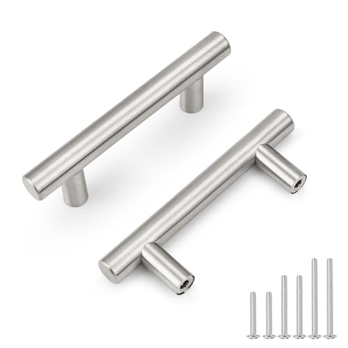 Probrico 5 Pack Hole Centers (64mm) 2.5inch Brushed Nickel Cabinet Handles Modern Stainless Steel Drawer Pulls Euro T Bar Dresser Pull Handle Length 100mm(4inch) - color: Brushed Nickel, size: Hole Centers: 2-1/2"