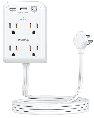 Surge Protector Power Strip, Outlet Extender Stick with USB C Ports, 4 Outlet 3 USB, Extension Cord Flat Wall Plug 6 FT, Home Office Dorm Room Essentials, White - color: White, size: 6 FT