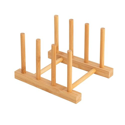 HBlife Bamboo Dish Plate Bowl Cup Book Pot Lid Cutting Board Drying Rack Stand Drainer Storage Holder Organizer Kitchen Cabinet（Keep Dry） - color: Bamboo 3 Slots 1pcs
