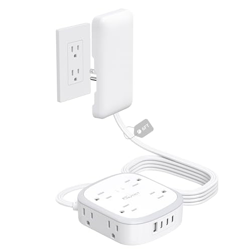 Outlet Cover Extension Cord Flat 6ft, NUTICT Flat Plug Power Strip with 8 Outlets & 3 USB-C & 1 USB-A Port, 13A/1625W, 1440J Surge Protector, Indoor 3 Prong Flat Wall Plug for Tight Spaces, White - size: 6FT
