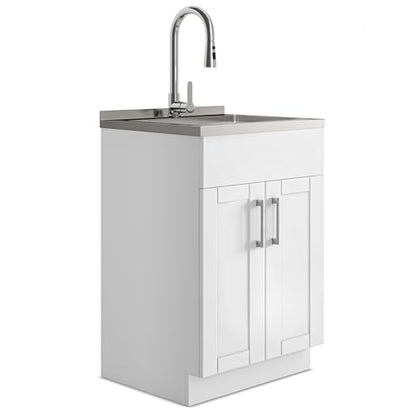 SIMPLIHOME Modern Wide Shaker All-in-One 24 inch Wide Utility Sink and Laundry Cabinet in Pure White Finish, Transitional Stainless Steel Sink Cabinet for Laundry Rooms with High-Arch Chrome Faucet - color: White, size: 24 Inch