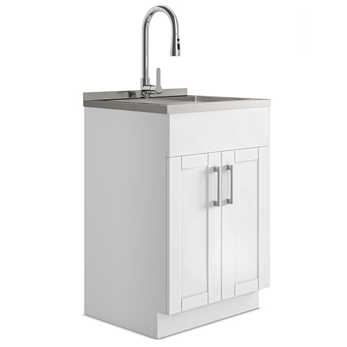 SIMPLIHOME Modern Wide Shaker All-in-One 24 inch Wide Utility Sink and Laundry Cabinet in Pure White Finish, Transitional Stainless Steel Sink Cabinet for Laundry Rooms with High-Arch Chrome Faucet - color: White, size: 24 Inch