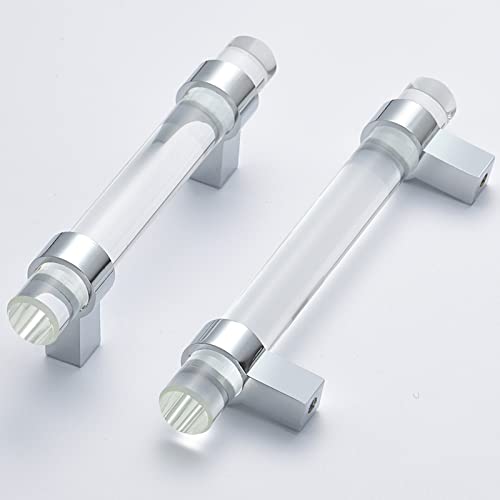 5Pack Glass Drawer Handles, Kitchen Cabinet Pulls Crystal Dresser Drawer pulls(3-3/4 Inch Hole Center), Polished Chrome - color: Polished Chrome, size: Hole Center : 3-3/4 Inch (96mm), style: 5 Pack