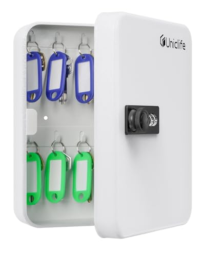 Uniclife 20 Position Key Cabinet with Combination Lock Resettable White Digital Security Storage Box Steel Key Organizer with Colorful Key Tag Labels Stickers and Hooks - color: White, size: 20 Keys