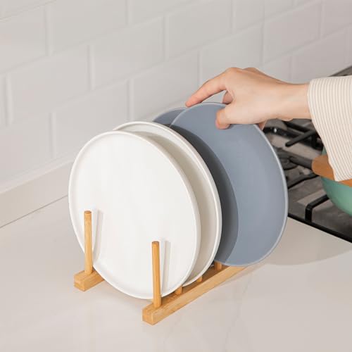 HBlife 4pcs Bamboo Dish Plate Bowl Cup Book Pot Lid Cutting Board Drying Rack Stand Drainer Storage Holder Organizer Kitchen Cabinet（Keep Dry） - color: Bamboo 4 Slots 4pcs