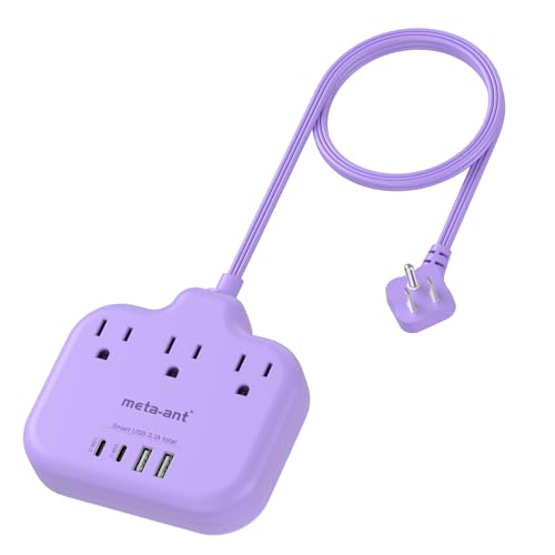 Purple Extension Cord with 3 AC Outlets and 4 USB(2 USB-C) Ports, 1625W Purple Travel Power Strip, Cute Kawaii Desk Accessories forfor Travel Curise Office Dorm Kitchen - color: Purple, size: 5FT