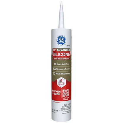GE Advanced Silicone Caulk for Kitchen & Bathroom, White, 10 fl oz Cartridge, 12 Pack - 100% Waterproof Silicone Sealant, 5X Stronger Adhesion, Shrink & Crack Proof - color: White, size: Pack of 12