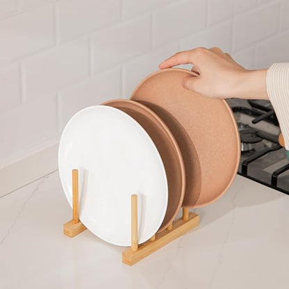 HBlife Bamboo Dish Plate Bowl Cup Book Pot Lid Cutting Board Drying Rack Stand Drainer Storage Holder Organizer Kitchen Cabinet（Keep Dry） - color: Bamboo 3 Slots 1pcs