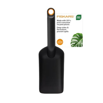 Fiskars Soil Scoop, Indoor Potting & Transplanting Tool for Medium Planters, Durable Lightweight Resin Garden Scooper with Flat Bottom & Deep Sides to Prevent Spills, 1.5 Cup Capacity, Black - style: Soil Scoop