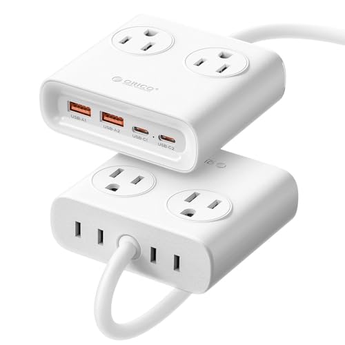 ORICO Power Brick, 25W GaN Power Strip, 8 in 1 Extension Cord with 4 AC Outlets and 2 USB-A and 2 USB-C Ports, 5ft Flat Plug White Outlet Extender for Home/Dorm/Travel-PDC (1 PCS) - color: White