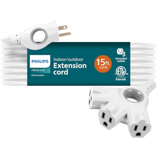 Philips EZGrip Outdoor Extension Cord with Multiple Outlets, Grounded 3 Prong Cord, Long Extension Cord Indoor with Multiple Outlets, Heavy Duty Extension Cord, 15 Ft, 16 AWG, White, SPC3153ZW/37-T1 - color: White, size: 15 Ft, style: 3-Outlet