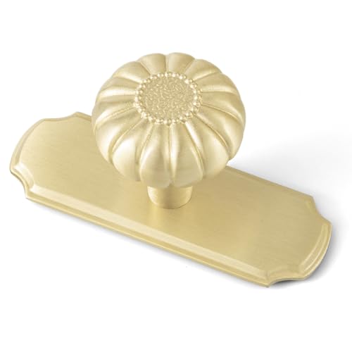 Solid Brass Cabinet Knob with Backplate, Brushed Brass Pumpkin Drawer Pull for Kitchen, Bathroom Handle, 6 Pack - color: Pure Brass, size: Knob