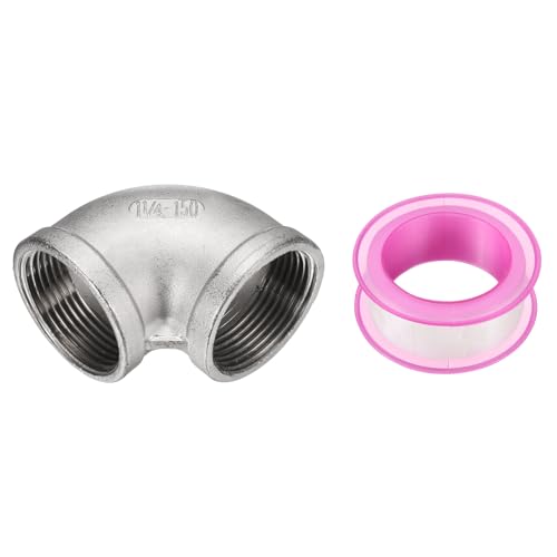 uxcell 304 Stainless Steel 90 Degree Elbow Threaded Pipe Fitting G1-1/4" Female to G1-1/4" Female Cast Pipe Fitting with Seal Tape for Plumbing Drainage Pipes Heating Systems - size: G1-1/4"