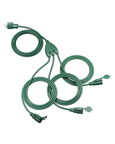 DEWENWILS 28FT Outdoor Extension Cord 1 to 3 Splitter for Lights, 3 Prong Outlets Plugs, 16/3C SJTW Weatherproof Wire for Outdoor String Lights, ETL Listed,1 Pack - color: Green, size: 40FT(22+6*3), style: 1 to 3 Splitter