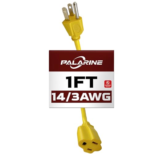 1ft Yellow Extension Cord Waterproof, UL Listed, 14/3 SJTW Heavy Duty 3 Prong, 14 Gauge 15A Power Cord Ideal for Lights, Appliances, and Lawn - color: Yellow, size: 1 FT, style: 14/3