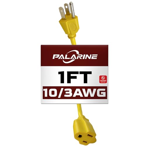 1ft Yellow Extension Cord Waterproof, UL Listed, 10/3 SJTW Heavy Duty 3 Prong, 10 Gauge 15A Power Cord Ideal for Lights, Appliances, and Lawn - color: Yellow, size: 1 FT, style: 10/3
