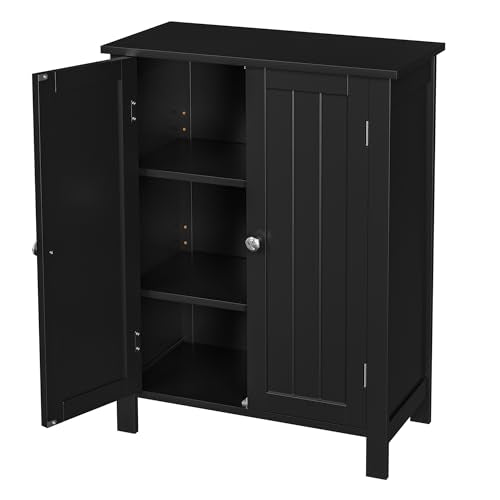 SUPER DEAL Modern Bathroom Floor Storage Cabinet with Adjustable Shelf and Double Door Rust Proof, Living Room Modern Home Furniture Storage Organizer Cabinet, Black - color: Black
