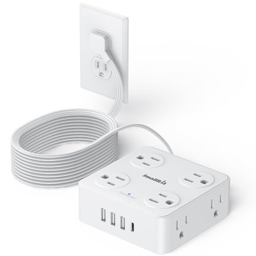 10Ft Power Strip with Surge Protector, 8 Outlets 4 USB Ports Extension Cord, Flat Plug Charging Station for Home Office Desk & College Dorm Essentials, White - color: White, size: 10 Ft